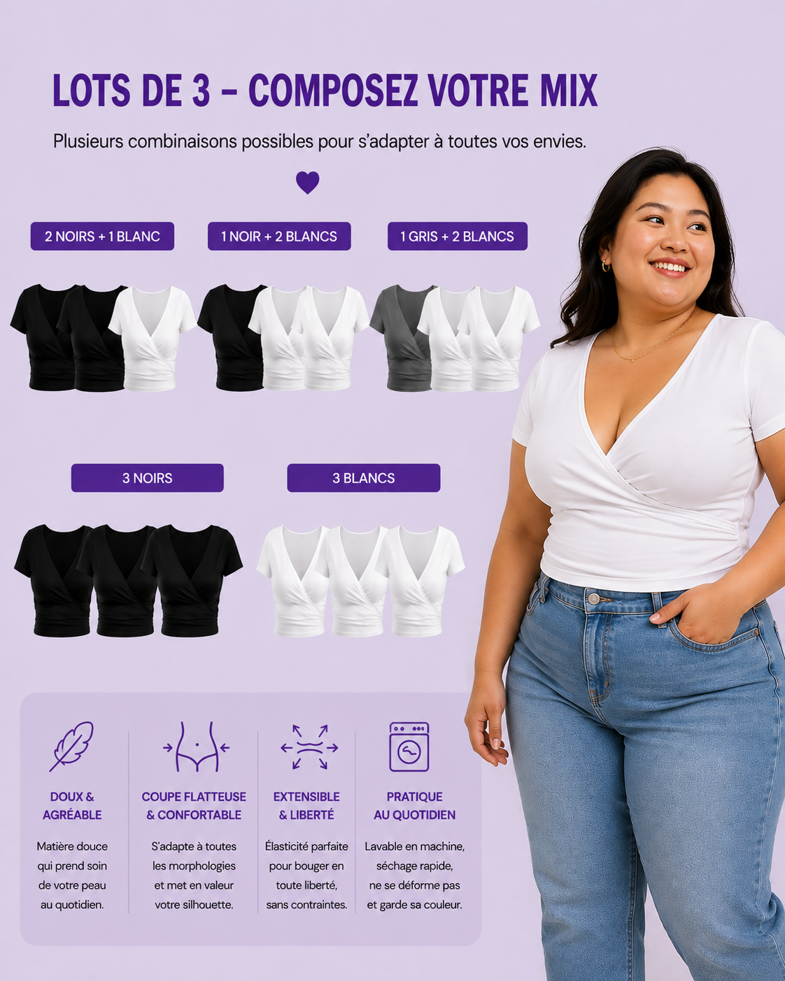 T-Shirt Crop Col V Manches Courtes - Lot de 3