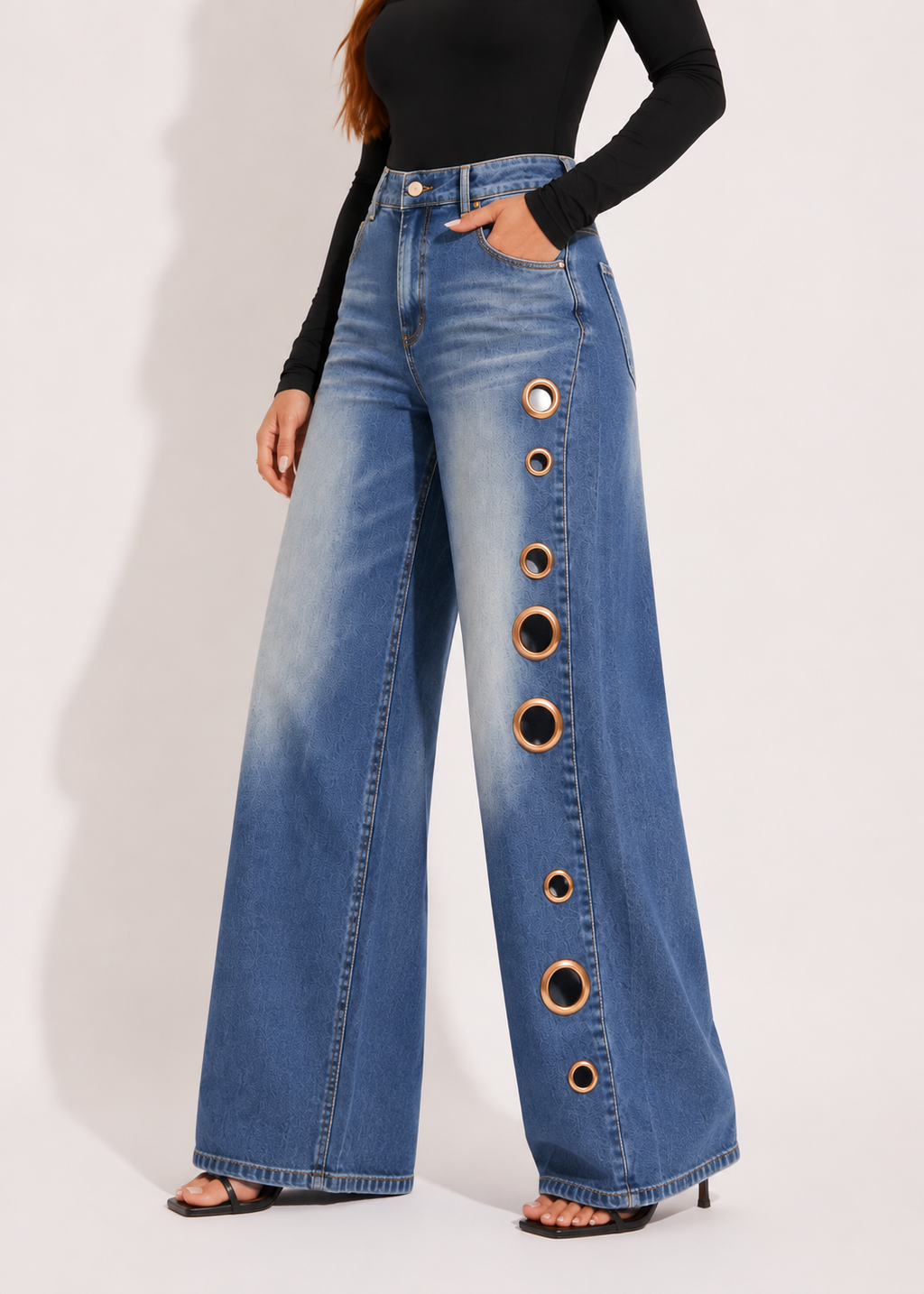 Jean Droit Taille Haute Anneau Métallique