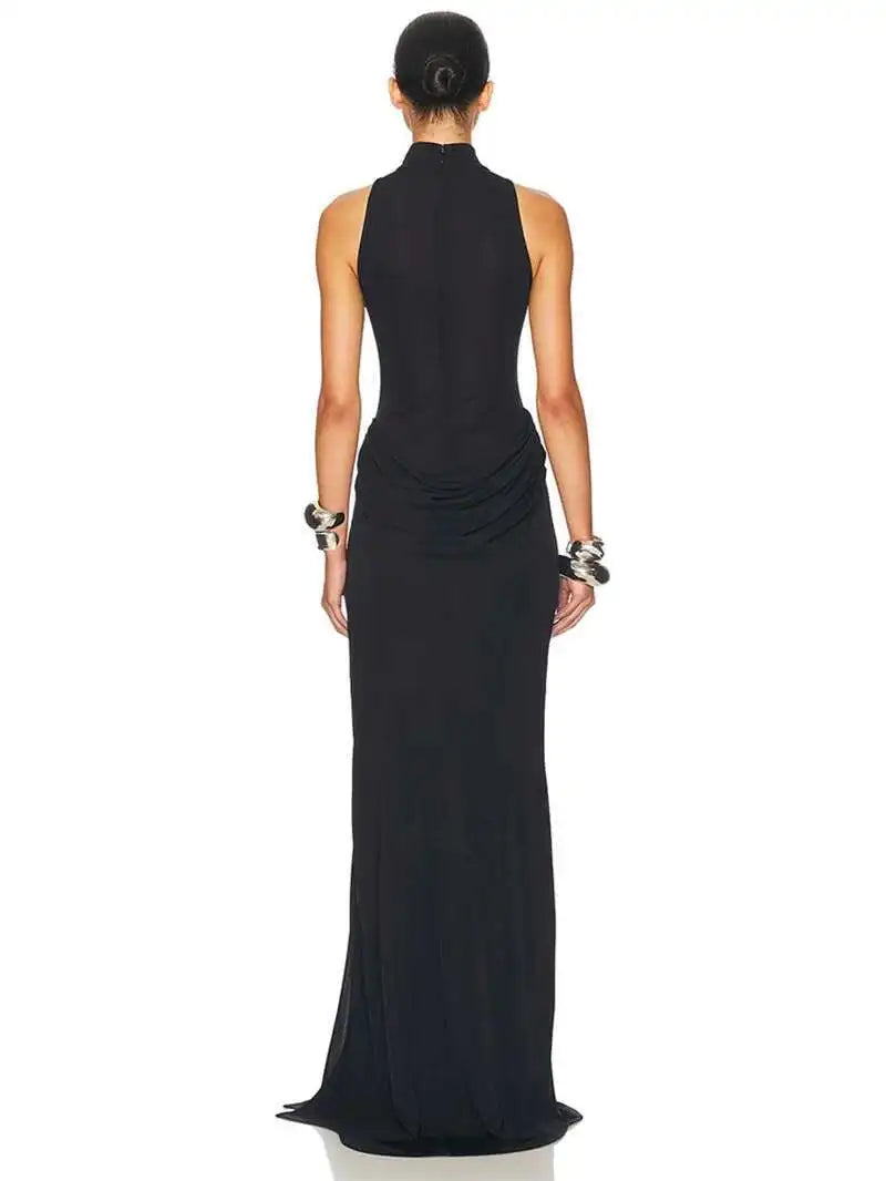 Robe Longue Col Roulé Épaules Dénudées Fendue