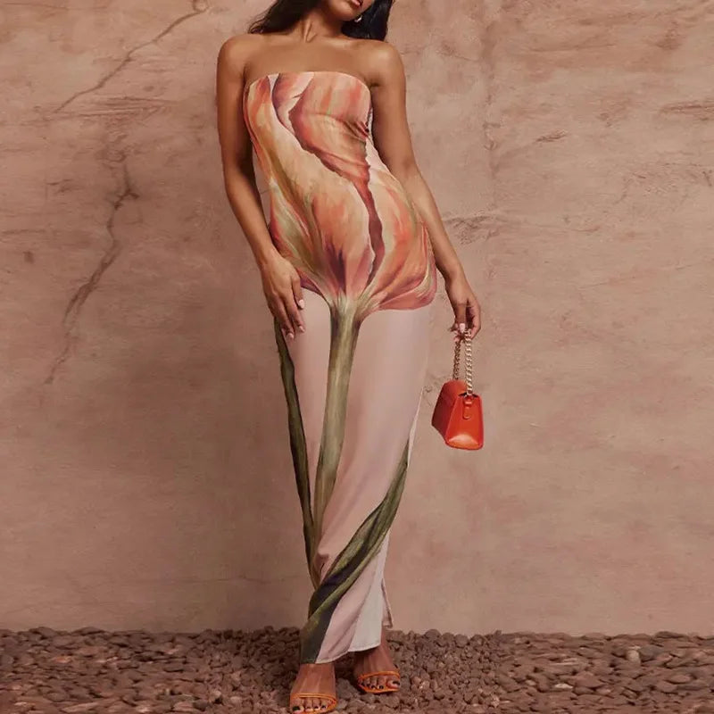 Robe Longue Imprimée Sans Bretelles Dos Nu